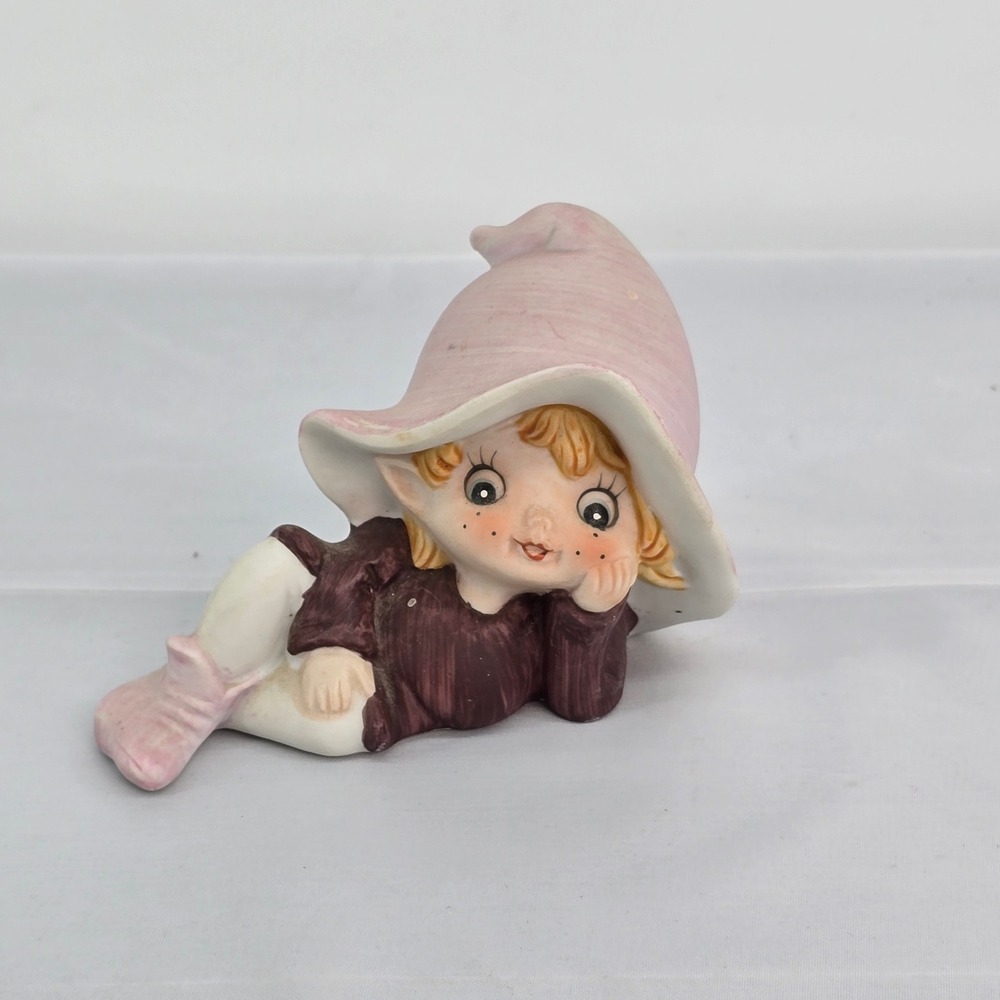 Vintage Ceramic Pixie Elf Figurine Reclining Pink Hat 5213 Bisque Mid Century